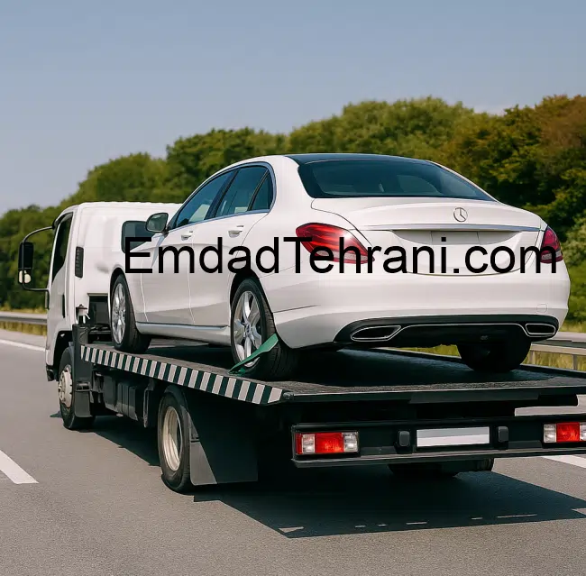 کفی خودروبر در حال حمل مرسدس بنز سفید در جاده