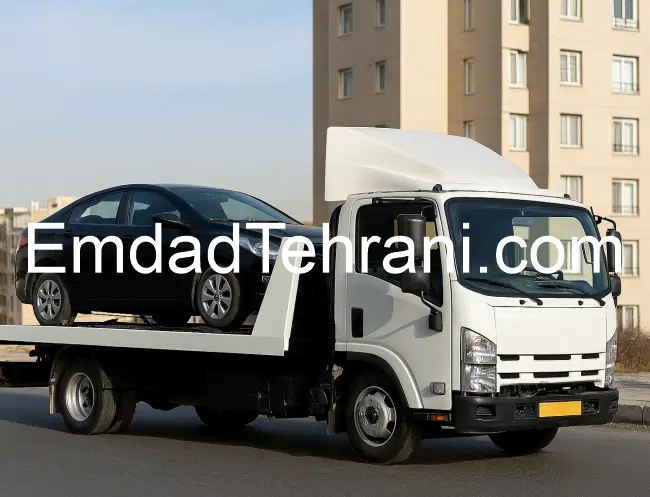 کفی خودروبر در حال حمل خودروی مشکی در خیابان شهری