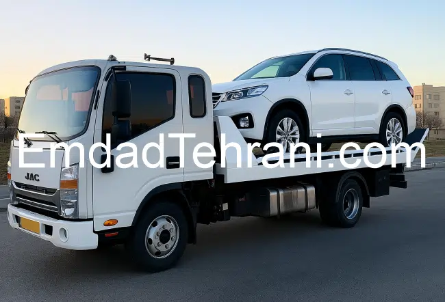 کفی خودرو بر سفید در حال حمل شاسی‌بلند در خیابان شهری با ساختمان‌های مسکونی