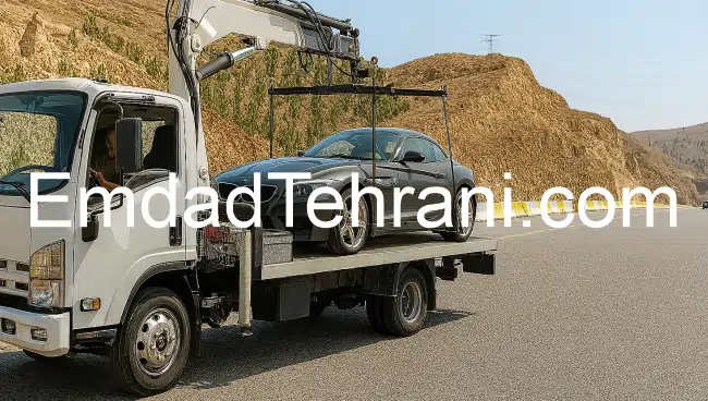 کامیون خودرو بر سفید مجهز به جرثقیل در حال حمل BMW Z4 در جاده کوهستانی