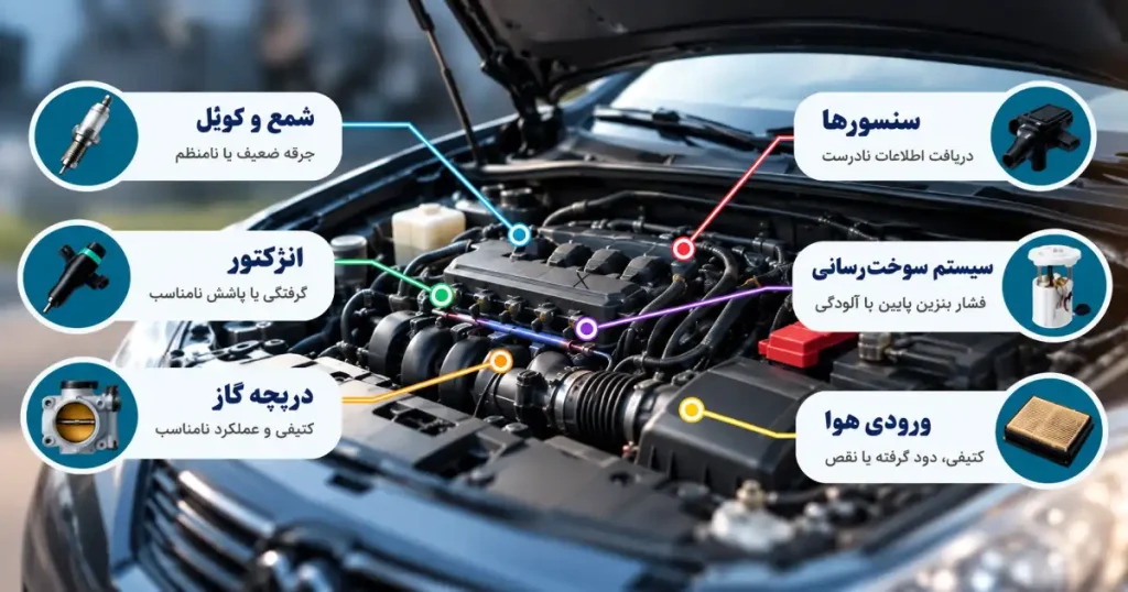 علت ریپ زدن ماشین؛ اینفوگرافیک دلایل احتمالی شامل خرابی شمع و کوئل، انژکتور، دریچه گاز، سنسورها و سیستم سوخت‌رسانی